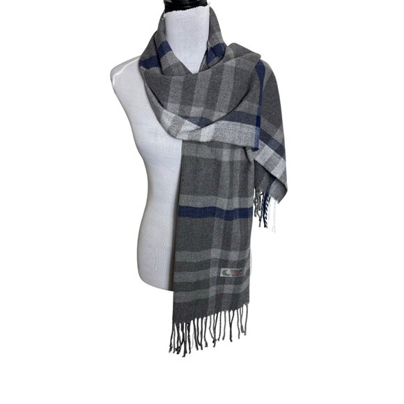 Winter Plaid Cashmere Feel Scarf Tassels Grey Blue Italian Design Warm Gift - Picture 12 of 13